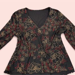 Floral V-Neck Black and Gold Women's Top